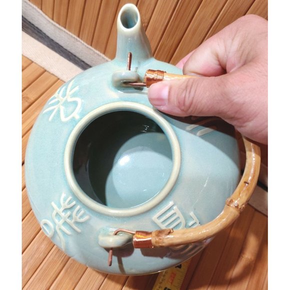 Vintage Mint Green Teapot Asian Japanese Chinese Archaic Calligraphy Writing - Picture 4 of 12